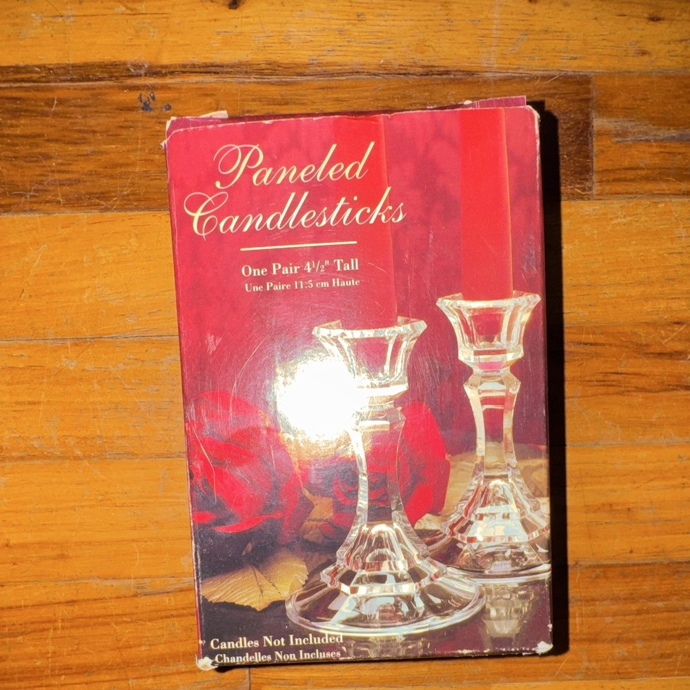 Paneled Clear Glass Candlestick Pair 4.5 in Tall Boxed for Taper Candles